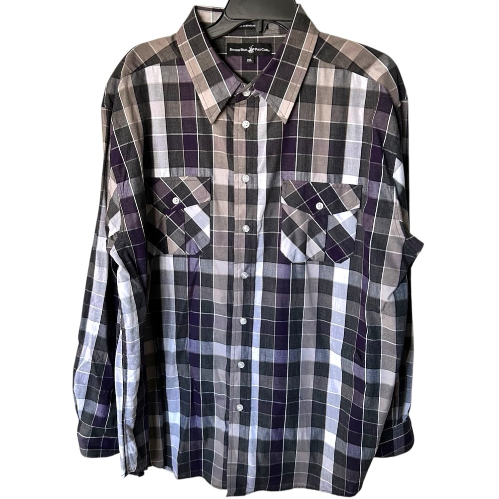 Polo Club of Beverly Hills Purple White and Gray Plaid Button Down Shirt EUC XXL